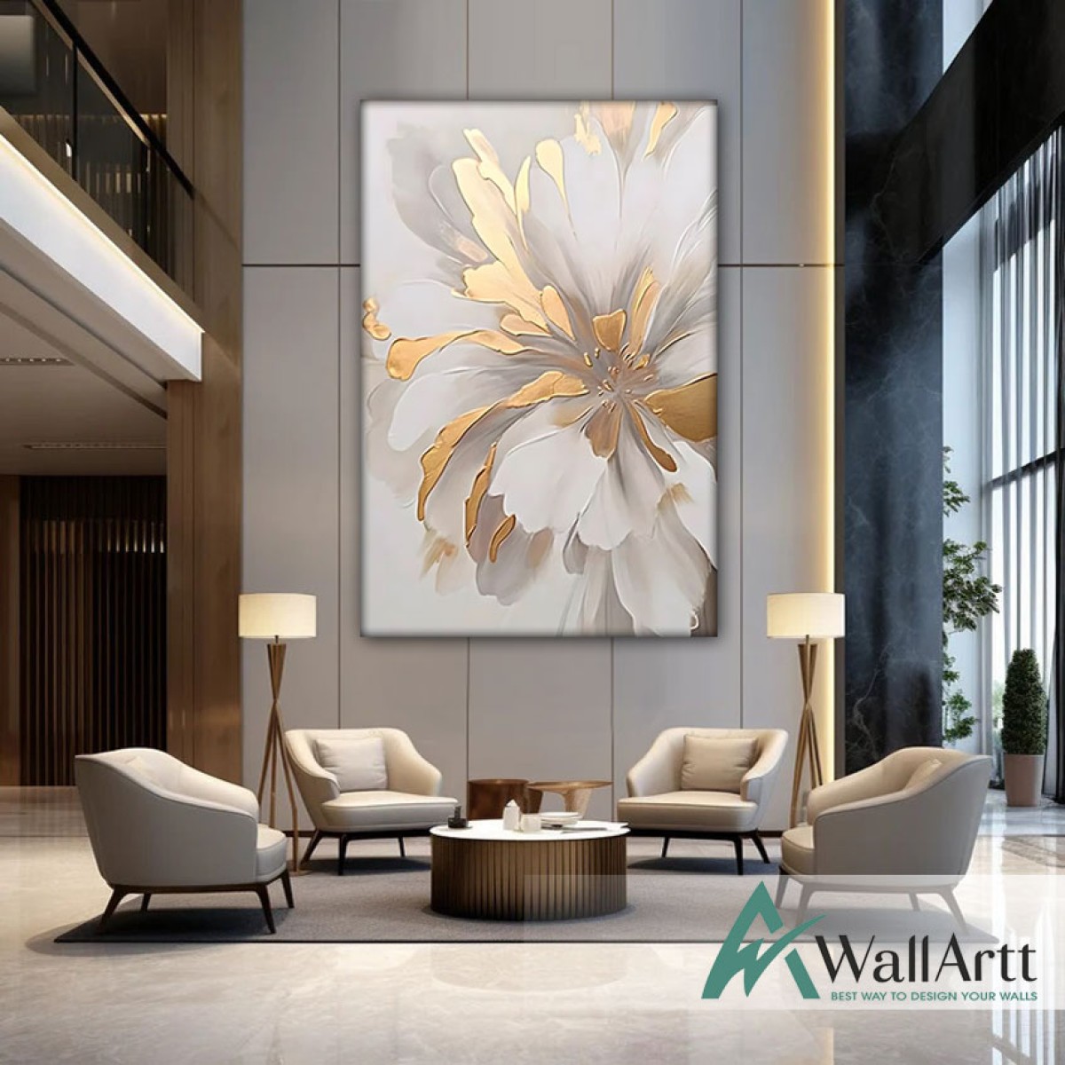 Gold White Leaves II 3d Heavy Textured Partial Oil Painting - Wall Art